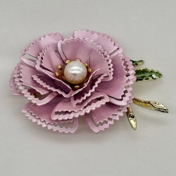 Vintage Metal and Enamel Flower Carnation Brooch Pin W/Cream Faux Pearl Unmarked - Picture 4 of 10